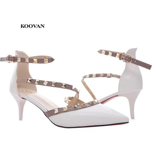 Koovan Womens Sandals 2018 High-heeled Female Pointed Rivets Buckle Nude Colored Patent Leather Sexy Pumps Summer Shoes