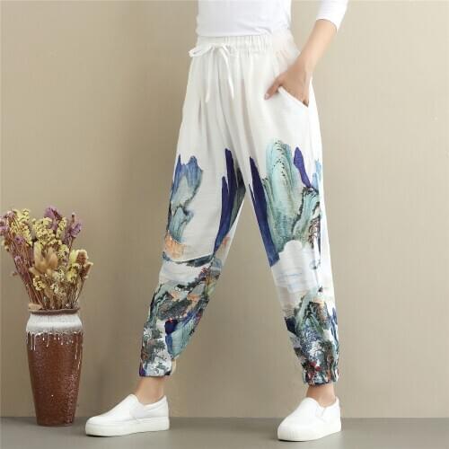 Women Yoga Pant Linen Chinese Traditional Printed Loose Sweatpants Bloomers Casual Jogger Running Workout Athletic Pant Trosuers