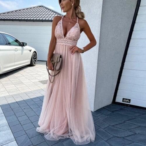 Sexy Summer Deep V Neck Solid Embroidery Wrap Party Dress Elegant Off Shoulder Sleeveless Long Dress Women Mesh Lace Maxi Dress