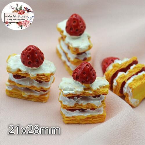 10PCS Strawberry cake Resin Flat back Cabochon miniature food Art Supply Decoration Charm Craft DIY 21x28mm