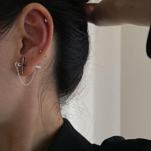 925 Sterling Silver Earring Punk Dark Cool Screw Cross Chain Hanging Ear Flip Flop Stud Earring Personality Boy Girl Ear Jewelry