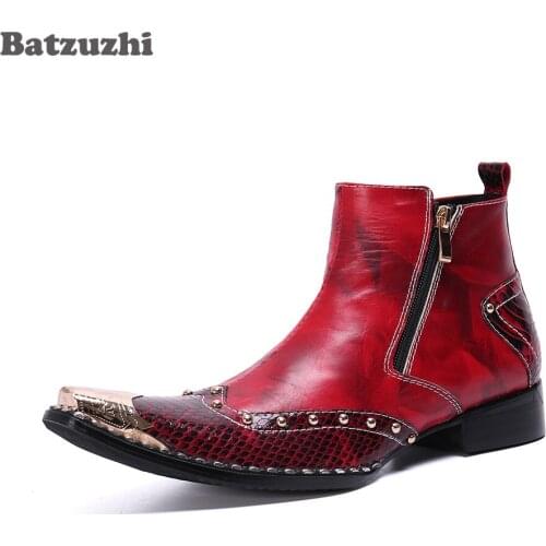 Batzuzhi Pointed Leather Ankle Boots Men Western Fashion Men Boots Shoes Zip Metal Tip Party and Wedding Boots for Men botas hom