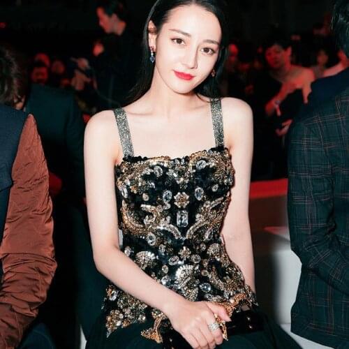 Brand Luxury Exquisite Beading Inlaid Diamond Annual Meeting Dress Temperamental Runway Black Suspender Long Dresses Clothes