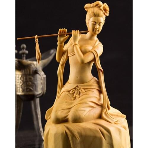 WU CHEN LONG Chinese Carving Classical Lady Art Sculpture Flute Erh-hu Woman Figurine Boxwood Craft Decorations For Home R3789
