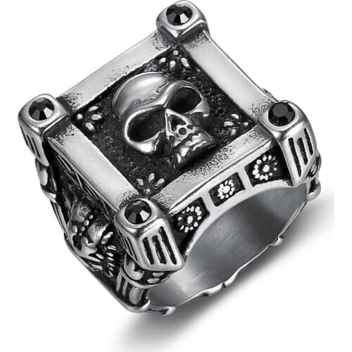 Gothic Skull Flower Black Zircon Crystal Stainless Steel Ring Men and Women Fashion Ring Punk Biker Jewelry