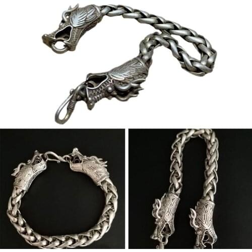 Collectible Old Tibet Silver Weave Case Chinese Dragon Noble Bracelet Silver Plated Copper Hollow Double Dragon Head Bracelet