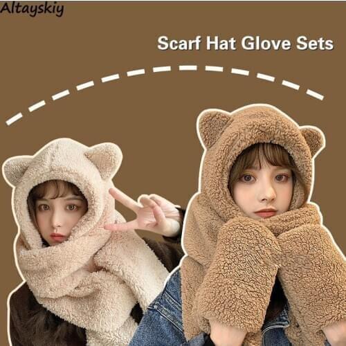Scarf Hat Glove Sets Women Lovely Winter Chic Couple 3pcs Set Fashion Korean Daily Popular Sweet Warm Outerwear Simple Solid Ins