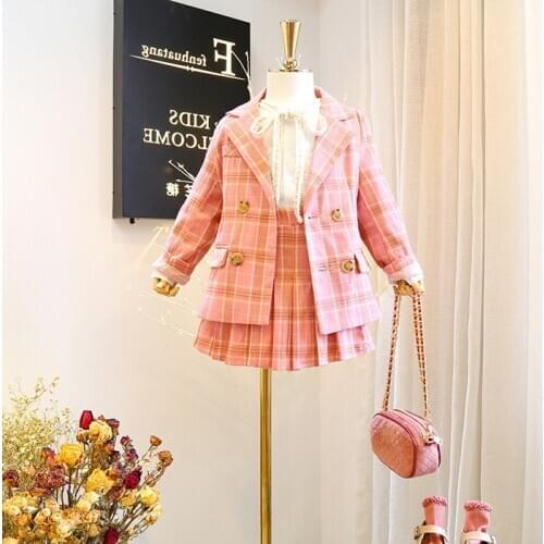 Mihkalev 2021 Autumn kids clothes girls boutique outfits Jacket+skirt 2pieces kids girls clothing sets children plaid tracksuit
