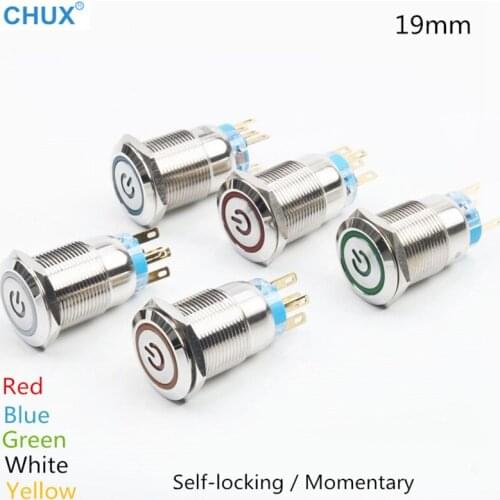 Metal Push-button Switch 19mm 3v 6V 12V 24V 48V 110V 220v Self-locking Momentary red yellow blue green white Led light Switch