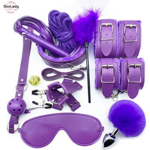 SexLady Set Erotic Rope Handcuffs For Sex Toys For Couples Women Whip Collar BDSM Bondage Nipple Clamps Anal Butt Plug Tail Game