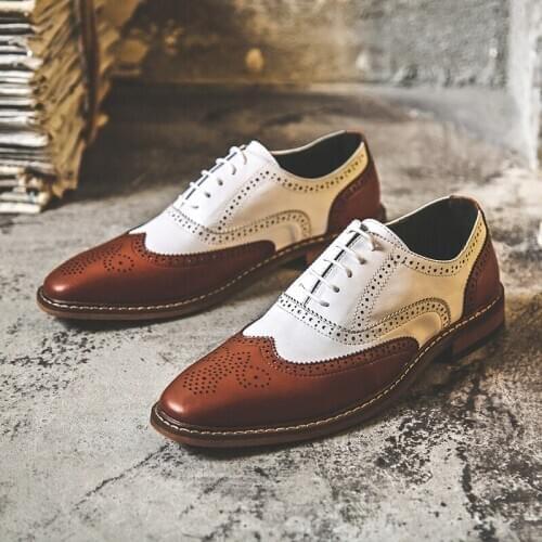 Spring Autumn New Vintage British Men Shoes Soft Leather Formal Dress Loafers Mixed Colors Lace-Up Business Wedding Brogue Shoes