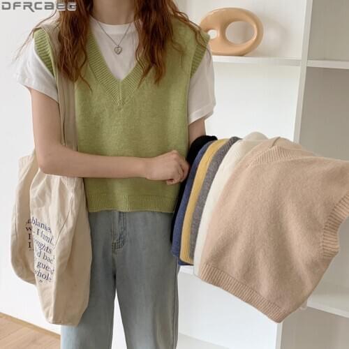 New Autumn Winter Knitted Vest 2021 Korean Style Basic Women Sweater Vest Loose V Neck Tops Female Vintage Knitwear Pullovers
