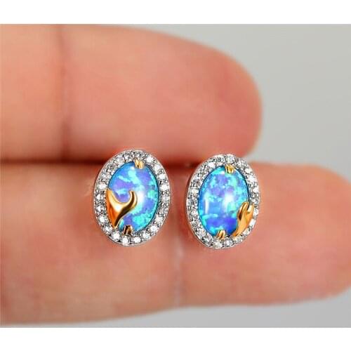Charm Crystal Oval Stone Stud Earrings Luxury White Blue Opal Wave Earrings Fashion Gold Silver Color Wedding Earrings For Women
