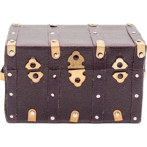 Odoria 1:12 Miniature Treasure Chest Vintage Wood Case with Leather and Golden Holder Dollhouse Furniture Accessories