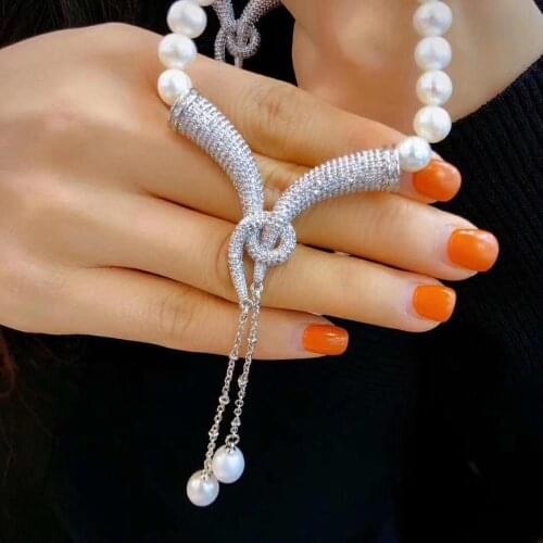 Horns twisted Y shape zircon pendant pearl necklace for princess style choker noble jewelry natural pearl necklace