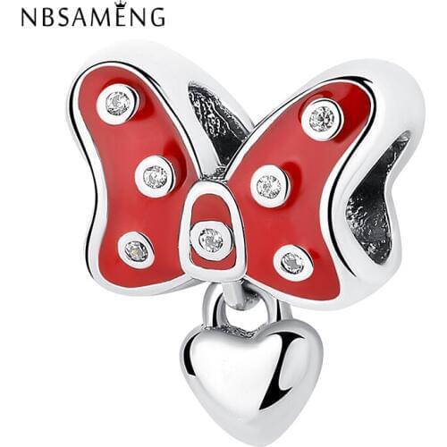 Authentic 925 Sterling Silver Bead Red Enamel Sweet Love Bow-knot Pendant Charm Fit Bracelets & Bangles DIY Jewelry