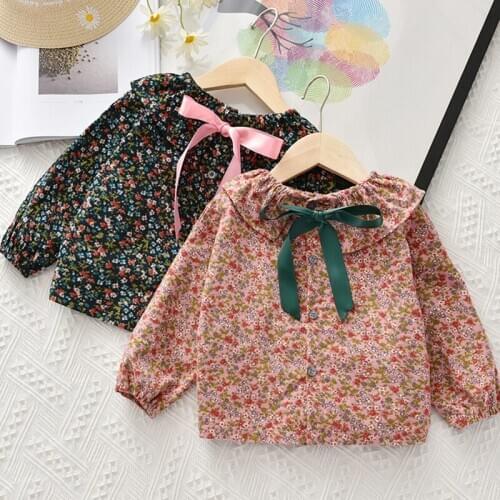 Girls Shirt 2020 Autumn Spring Cotton Button Bow Small Floral Doll Collar Lapel Top Baby Korean Loose Shirt