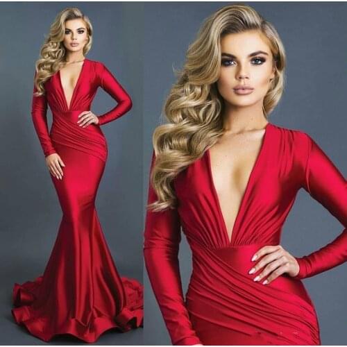 Sexy Long Red Satin Mermaid Formal Evening Dress Trumpet Prom Dresses 2021 Deep V-neck Long Sleeve Pleats Plus Size Women Wear