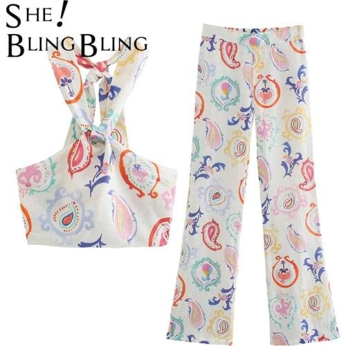 SheBlingBling Za Woman 2021 Summer Casual 2 Piece Sets Slim Halter Crop Tops Skinny Flare Pants Camisole Traf Femme Sets Outfits