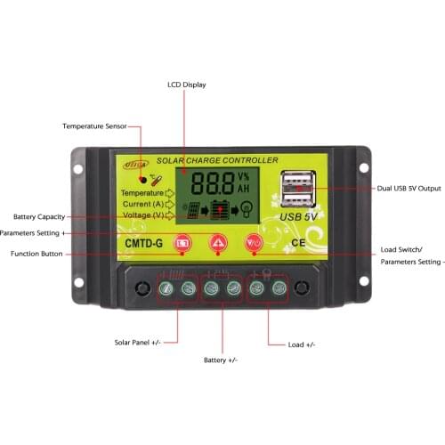 20A 10A 12V/24V PWM Solar Charge Controller with LCD Display Auto Regulator Solar Panel Battery Lamp Overload Protection