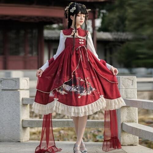 Poem Roll Original Design Chinese Hanfu Style Womens Lolita Winter Dress Princess One Piece & Short Cape & Scarf & White Blouse