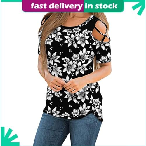 Womens Summer T-Shirts Floral Printed Short Sleeve O Neck Strappy Cold Shoulder Tops Tunic Harajuku Plus Size T Shirt футболка