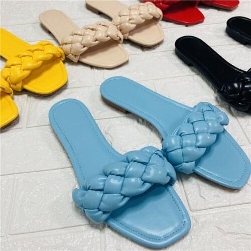 2021 Summer Women Purple Flat Slides Soft Leather Weave Mules Beach Slippers Casual Lady Blue Slaps Replica Designer Cheap Shoes