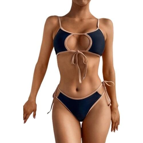 Womens Swimsuit Sexy 2 Piece Bikini Set Hollow Out Keyhole Tie Front Bra Push Up Swimwear Side Tie Thong Strappy Bathing Suit