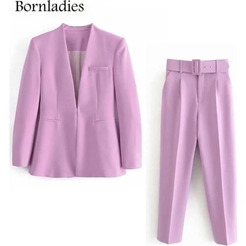 Bornladies Office Ladies Long Sleeve Blazer + Trousers 2 Piece Set Blazer Suit Fashion Womens Pant Suit Simple Solid Color Suit
