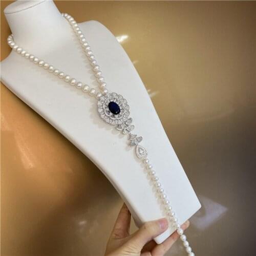 Womens fashion jewelry micro inlaid zircon accessories 8-9mm white freshwater pearl necklace sweater chain 47+25cm long