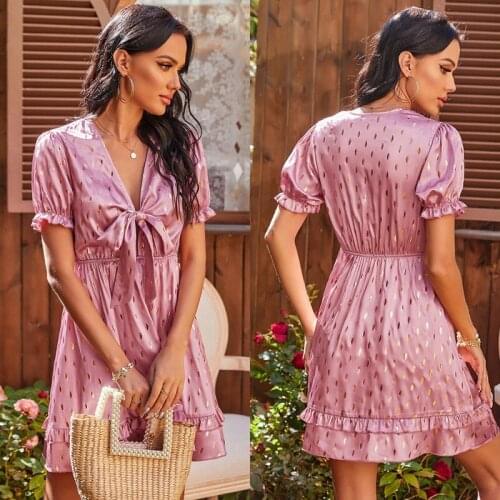 Womens Dress Ruffle Summer High Waist Dress Retro Ladies Dress Pink