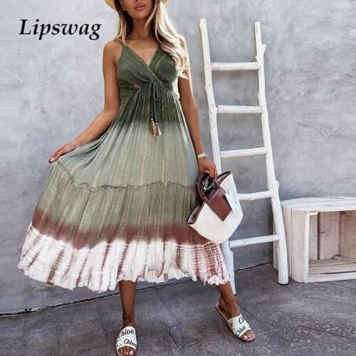 Sexy Tie-Dye Gradient Sling Beach Dress Women Casual V-Neck Backless Party Dress Elegant Sleeveless Drawstring Tie-Up Long Dress