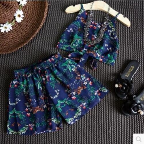 2017 summer clothes girls chiffion kids clothes for girl flower print children clothing set 2pcs vest+shorts toddler jacket