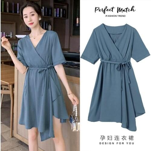 43989# Maternity Clothes Summer Short Sleeves Easy Matching Loose Stylish Asymmetric Dress Pregnant Women Mom Dress