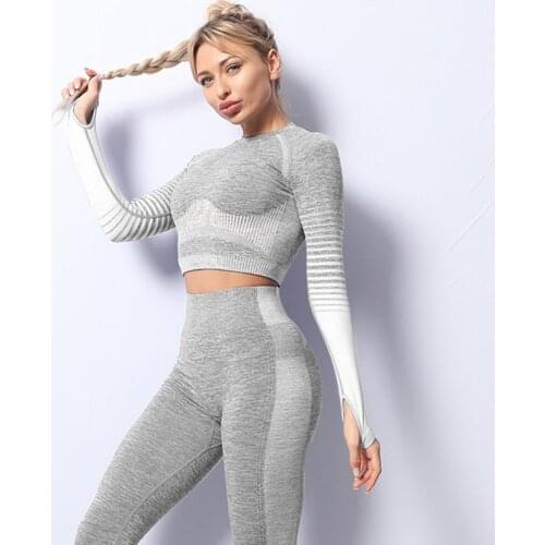 Seamless Women Yoga Set Workout Sportswear Gym Clothing Fitness Long Sleeve Crop Top High Waist Leggings Sports Suits
