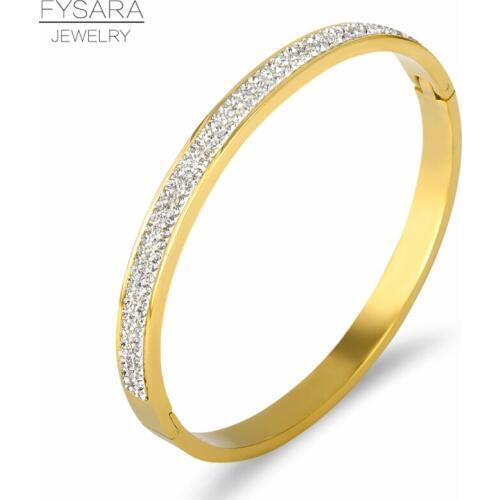 FYSARA Full Crystals Row Bracelets & Bangles For Women Jewelry Stainless Steel Bangle Wedding Party Simple Round Cuff Bangles