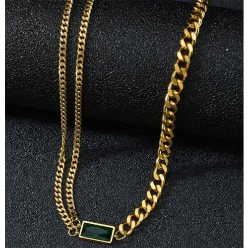 316L Stainless Steel Square Green Zircon Stitching Double-layer Necklace Net Red Personality Simple Ladies Necklace