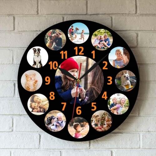 Custom Family Photo Collage Black Background Large Wall Hanging Clock13 Instagram Pictures With Orange Number Personalized Gift