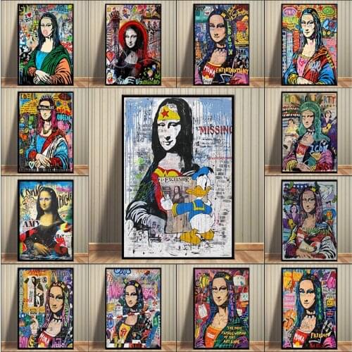 Donald Duck And Mona Lisa Canvas Painting Street Graffiti Wall Art Posters Prints Wall Picture for Living Room Home Decor