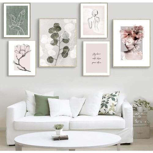 Green Linen Leaves Flowers Poster Eucalyptus Print Picture Modern Feminine Wall Art Canvas Paintings For Living Room Home Decor