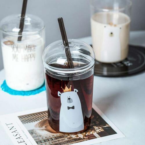 500ml Cartoon Printed Glass Cup Water Milk Juice Cup With Glass Cover Heat-resistant Home Cafe Coffee Mug Ourdoor Travel Mug