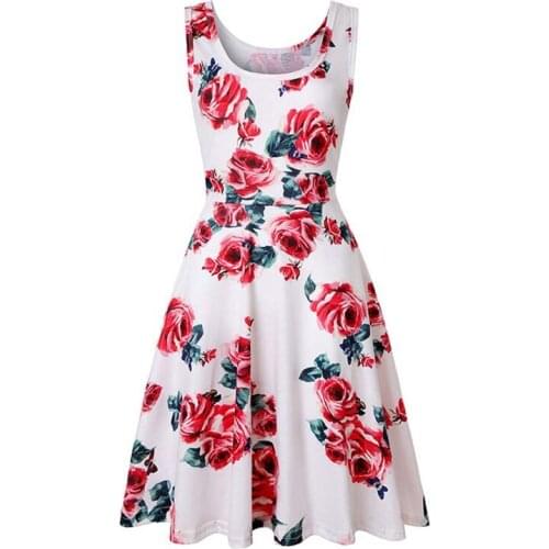 Summer Womens Dress High Waist Sweet Sleeveless Rose Flower Pattern Patchwork A-line Dresses