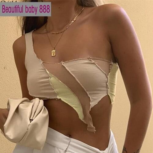 Meqeiss One shoulder Contrast club female camisole summer street Patchwork chic knitting crop tops simple skinny woman tank top