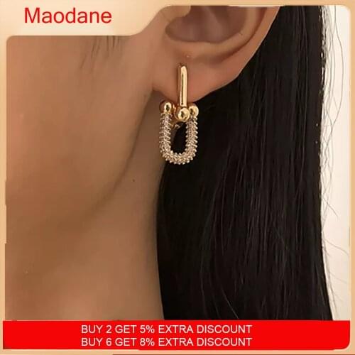 New Design Trendy Lock Buckle Earrings for Women Thick Link U Shape Detachable Pave Inlaid Zirconia Drop Earring Party Jewelry