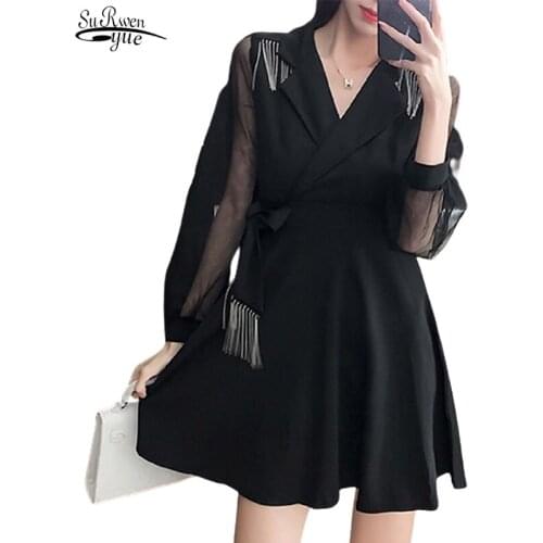Autumn New Bodycon Long Sleeve Office Lady Dresses Black Mini Sexy Dress Women Empire Tassel Bow A-Line Club Dress Vestido 12558