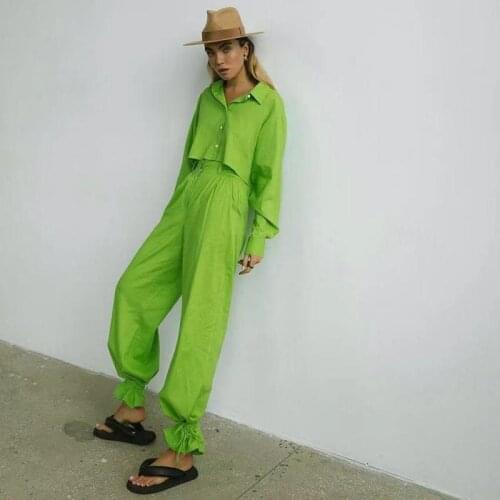 Autumn New Ladies Green Casual Sets Long-sleeved Short Tops Simple Lace-up Trousers Commuter Fashion Womens Two-piece Suit WF48