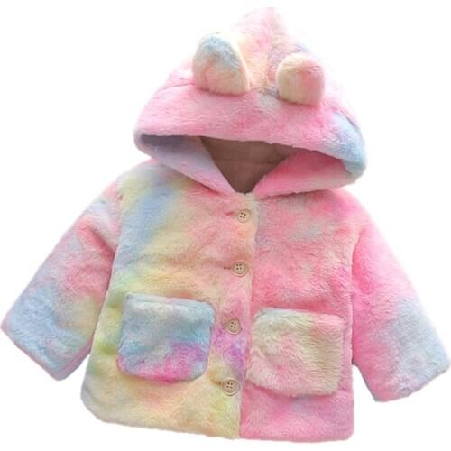 Toddler Baby Little Girl Imitation Fur Coat, Tie-dyed Long Sleeve Cute Lovely Rabbit Ears Hooded Button Coat, Winter Jackets