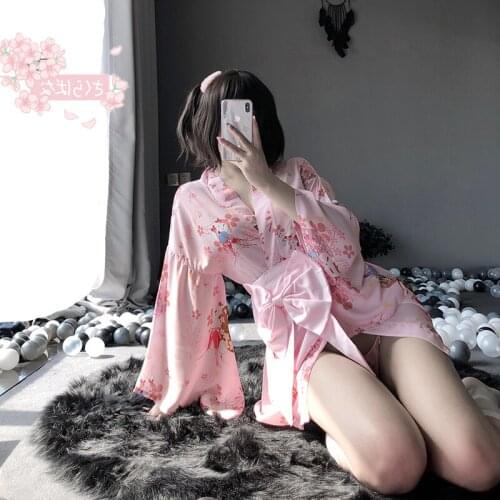 Sexy Cosplay Uniform for Women Soft Silk Belt 3pcs Set Robe AV Costumes Pajamas Pink Cute Japanese Printed Kimono Bathrobe