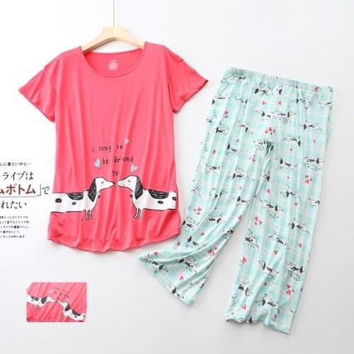Cartoon Dog Pyjamas Set Womens Short-sleeved Cropped Trousers 100% Cotton Pajamas Ladies Round Neck Plus Size Printed Homewear
