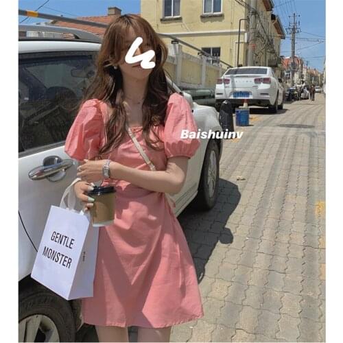 Greeen Pink Elegant Casual Womens Dresses Party Puff Sleeve Bandage Design Kawaii Mini Dress Female Sexy One Piece Dress Korean